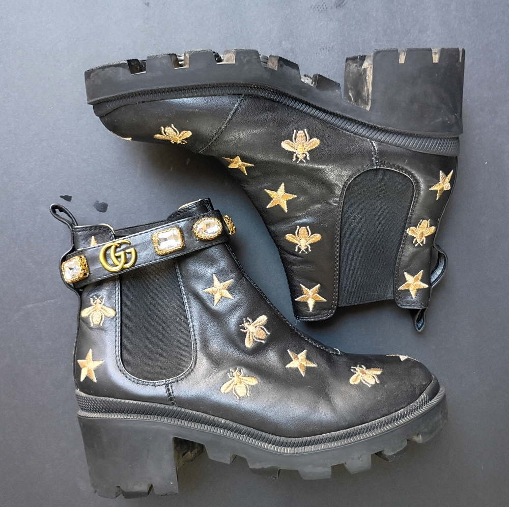 Gucci Stars and Bee Embroidered Leather Ankle Boots -Black Size 7.5 - 8 US - Picture 12 of 12